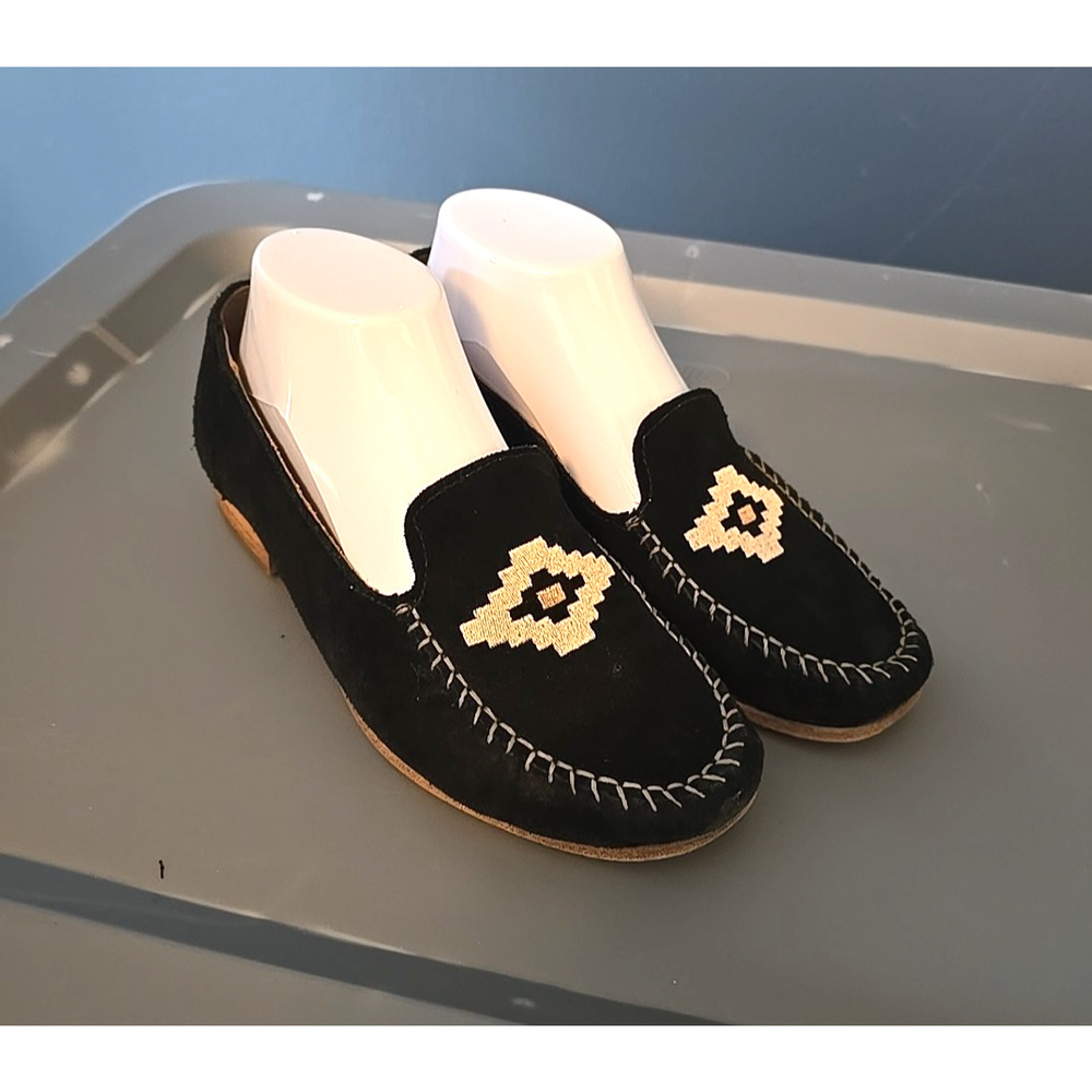 Soludos Embroidered Smoking Black Aztec Loafers Size 7.5 Slip On Suede Leather